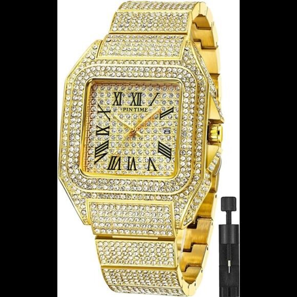 Hip Hop Men's Crystal Watch Bling Bling Watch Rectangle Case Stainless Steel - Picture 1 of 7